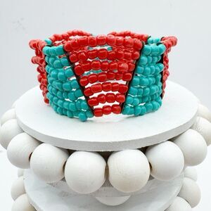 Coral Turquoise Glass Seed Bead Color Block Stretch Bracelet Boho Southwest